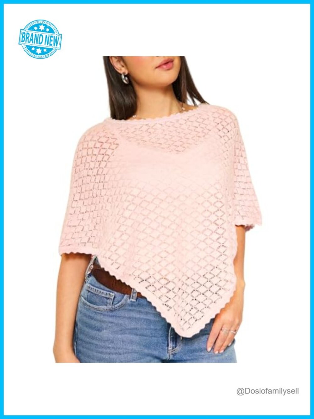 Crochet Batwing Sleeve Scalloped Trim Poncho Top Off Shoulder Hollow Out Shawl